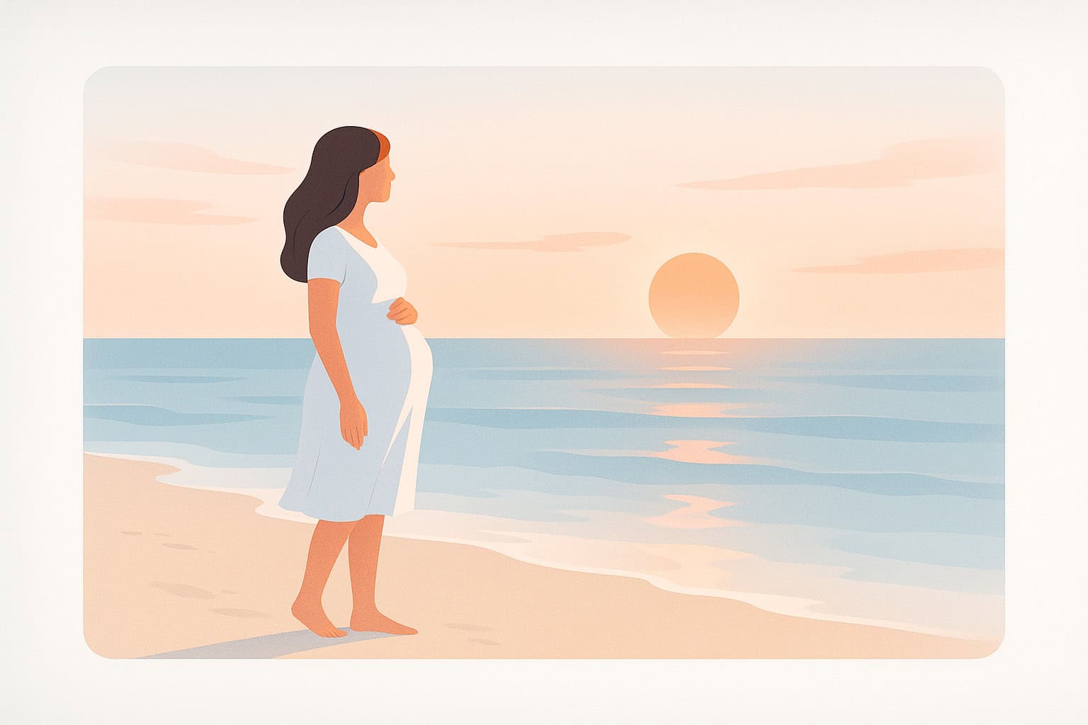 Mujer embarazada contemplando la puesta de sol en la playa, una escena que transmite calma y bienestar, ideal para representar la conexión entre equilibrio emocional y salud bucal en el embarazo.