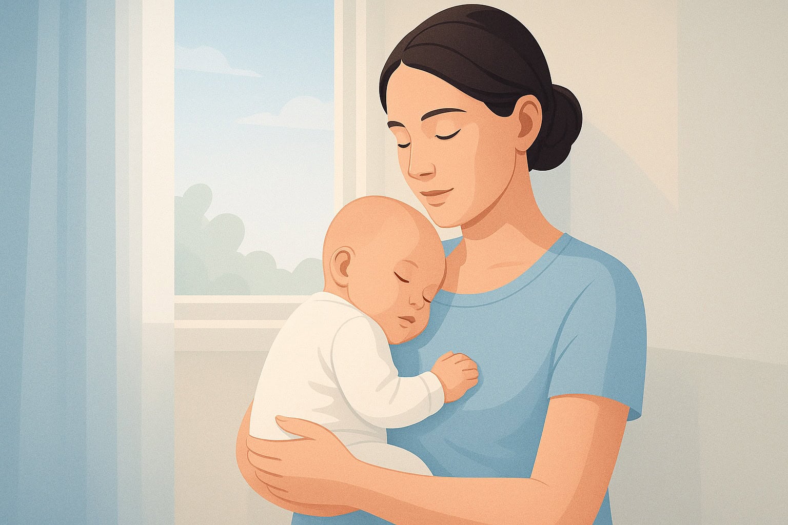 03-Riesgos-de-una-mala-higiene-oral-durante-el-embarazo Madre abrazando a su bebé con expresión serena, símbolo del vínculo entre el cuidado emocional, la higiene oral embarazada y el bienestar del recién nacido.