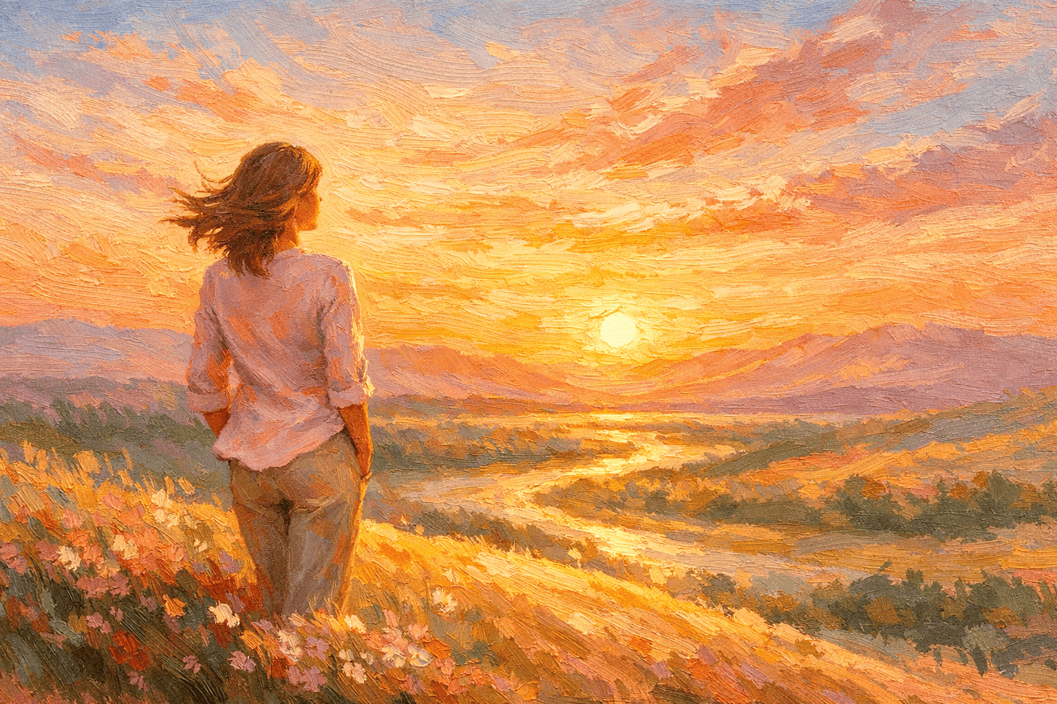 Escena alegórica de una mujer cuidando de sí misma, representando la relación entre osteopenia y salud dental y cómo el autocuidado diario puede proteger tanto los huesos como la sonrisa.