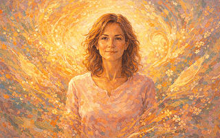 Ilustración simbólica de una mujer premenopáusica que transmite estabilidad y confianza, asociada a la pérdida ósea maxilar y osteopenia premenopáusica y a la importancia de cuidar la fuerza interior y la salud ósea.