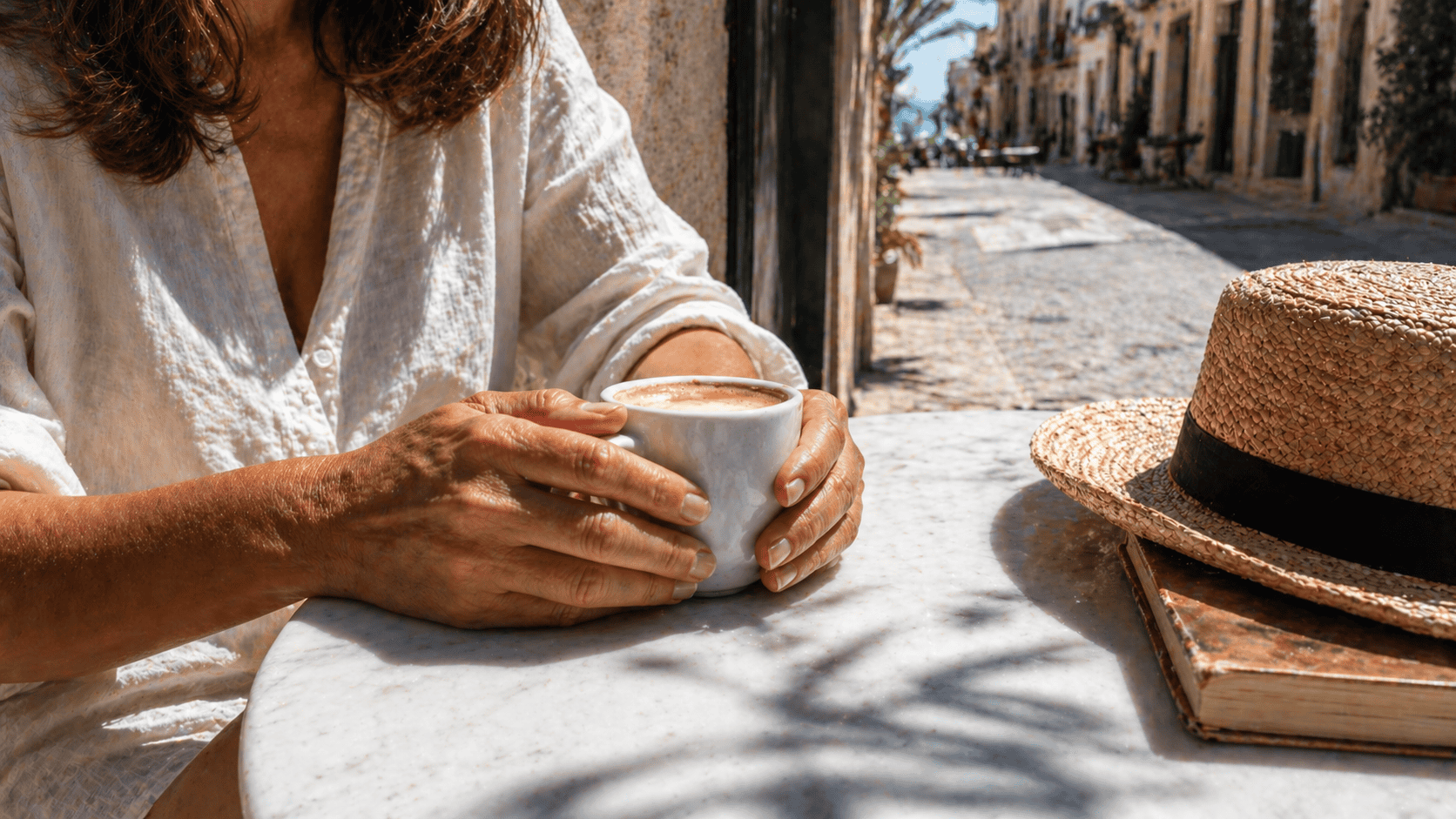 Mujer de 45 años en una terraza soleada del centro de Alicante reflexionando sobre su salud bucodental