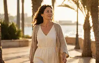 Mujer paseando por el paseo marítimo de Alicante a la hora dorada con sensación de bienestar y calma