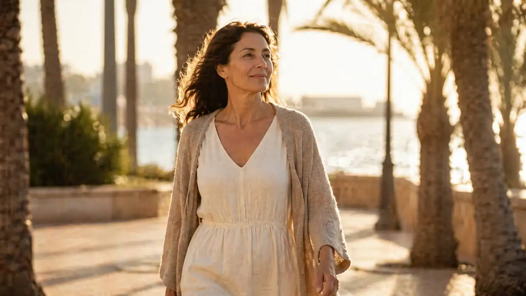 Mujer paseando por el paseo marítimo de Alicante a la hora dorada con sensación de bienestar y calma