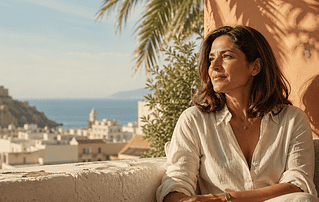 Mujer adulta serena en luz natural reflexionando sobre su revisión dental después de los 40