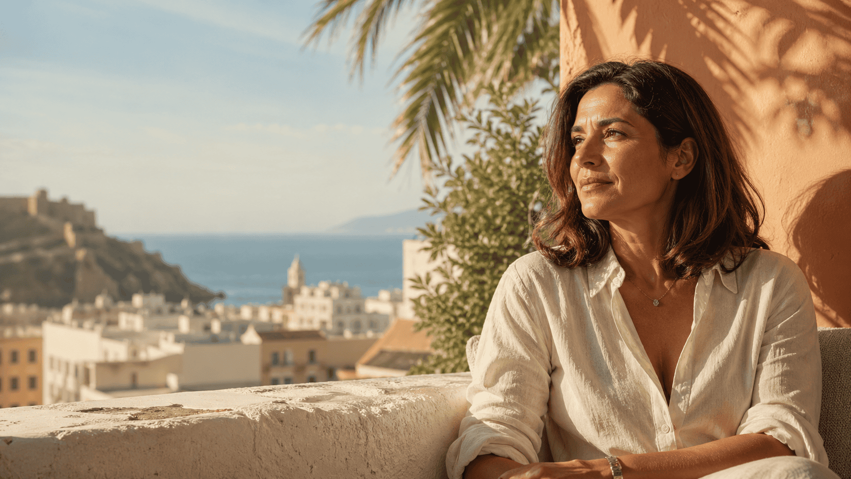 Mujer adulta serena en luz natural reflexionando sobre su revisión dental después de los 40